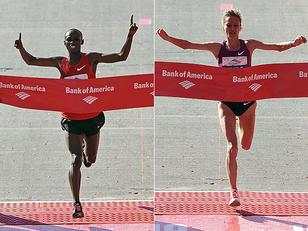 Queniano e Russa cuzam a linha de chegada em primeiro lugar / Foto: Divulgação Maratona de Chicago